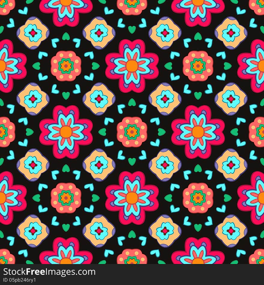 Geometric flower abstract colorful pattern on black background. Vector illustration for your fashion design. Easy to use. Seamless endless funny spring pattern.