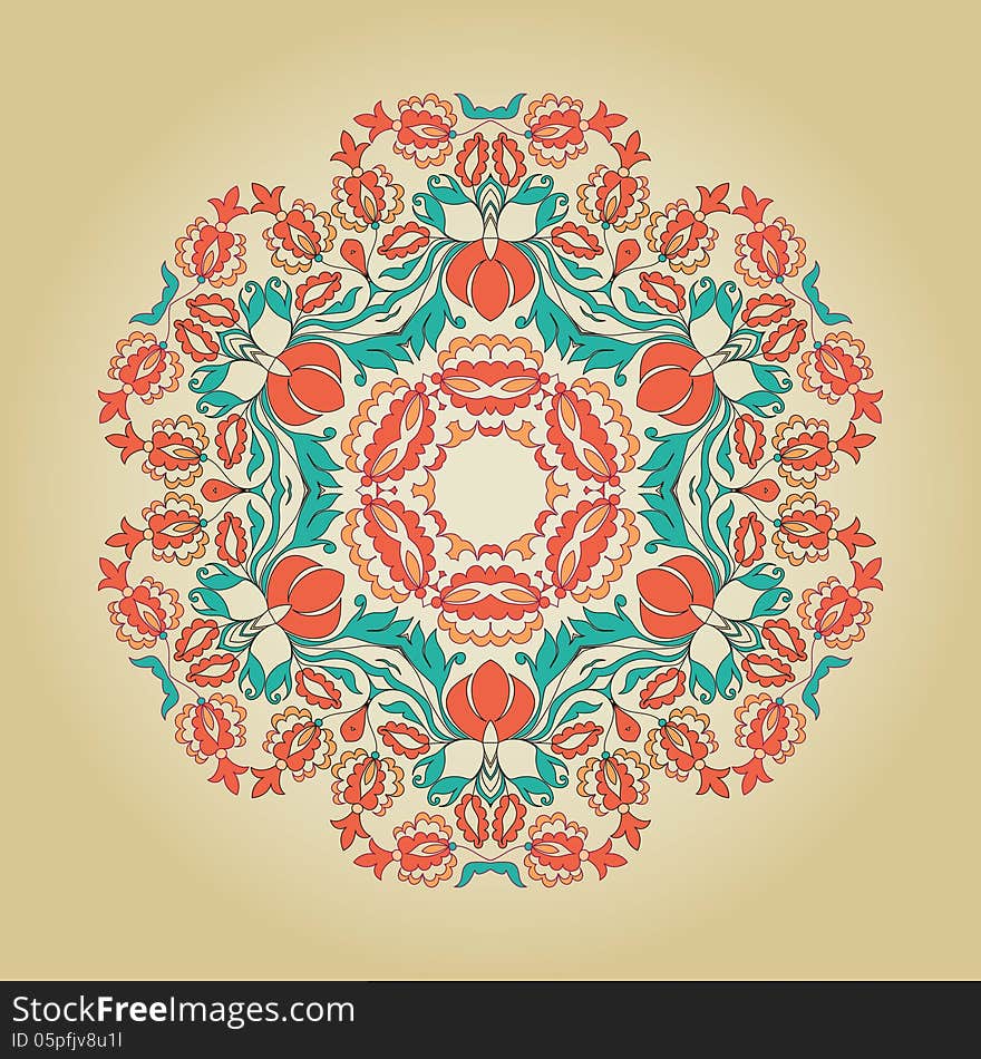 Abstract ornamental circle with vintage floral elements. Round lace.