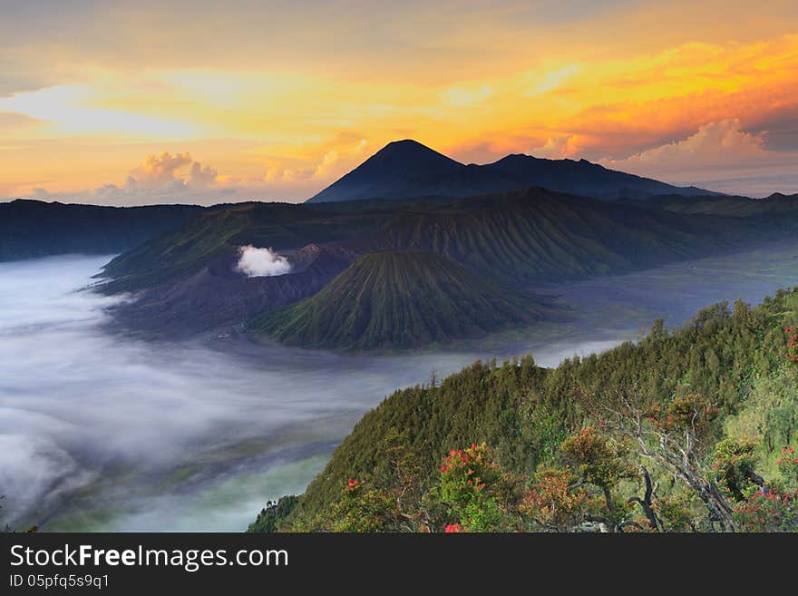 Bromo Mountain in Tengger Semeru National Park at sunrise