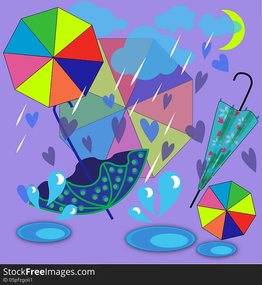 Decor illustarting of umbrellas, wind and rain. Decor illustarting of umbrellas, wind and rain