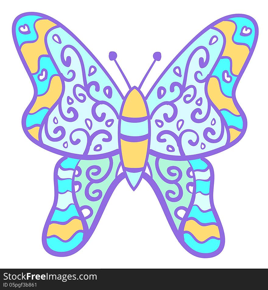 Funny colorful butterfly with curls. Vector illustration for your beautiful design. Purple and blue wallpaper for invitation and greeting card.