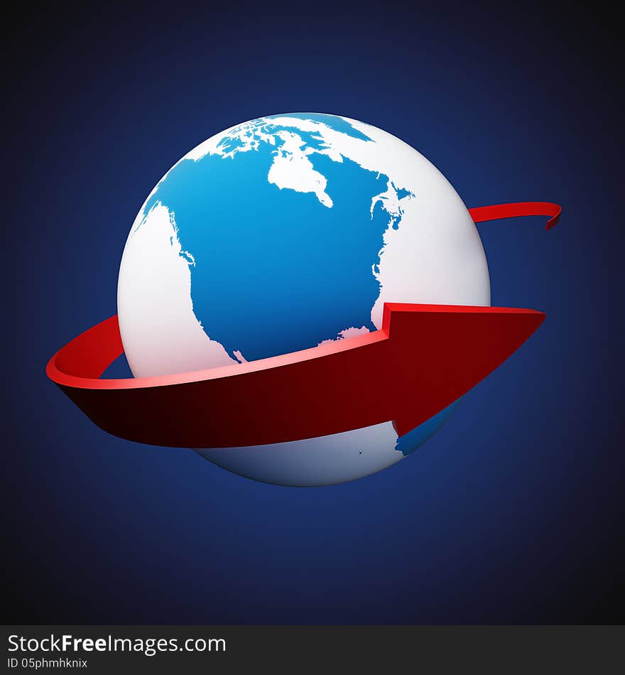 Earth and red arrow over blue background. Earth and red arrow over blue background