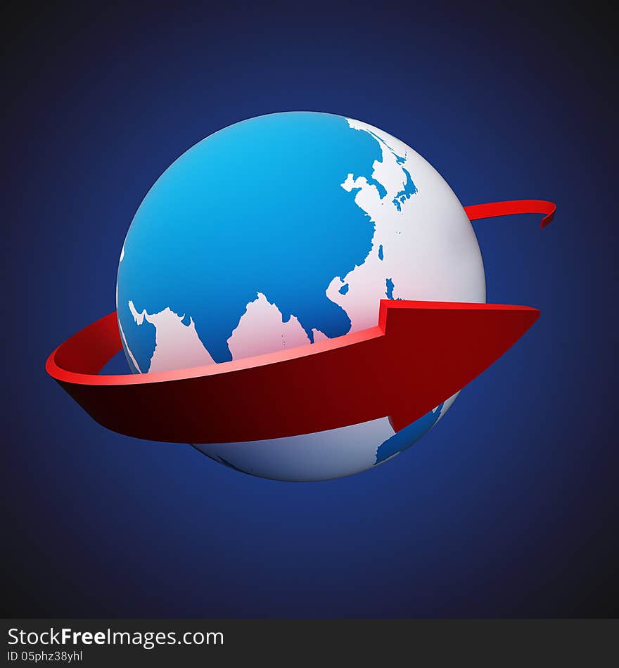 Earth and red arrow over blue background. Earth and red arrow over blue background