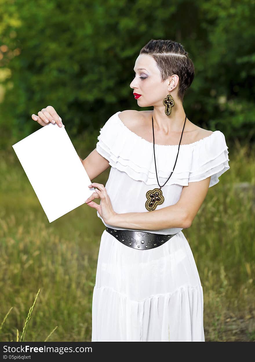 Portrait of a Girl in a White Dress and Copyspace