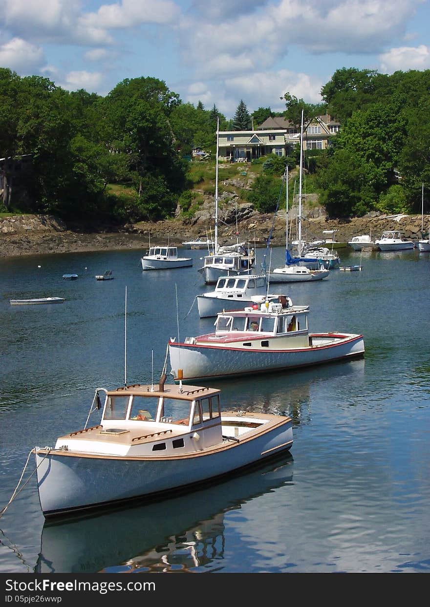 Maine lobster boats in harbor.