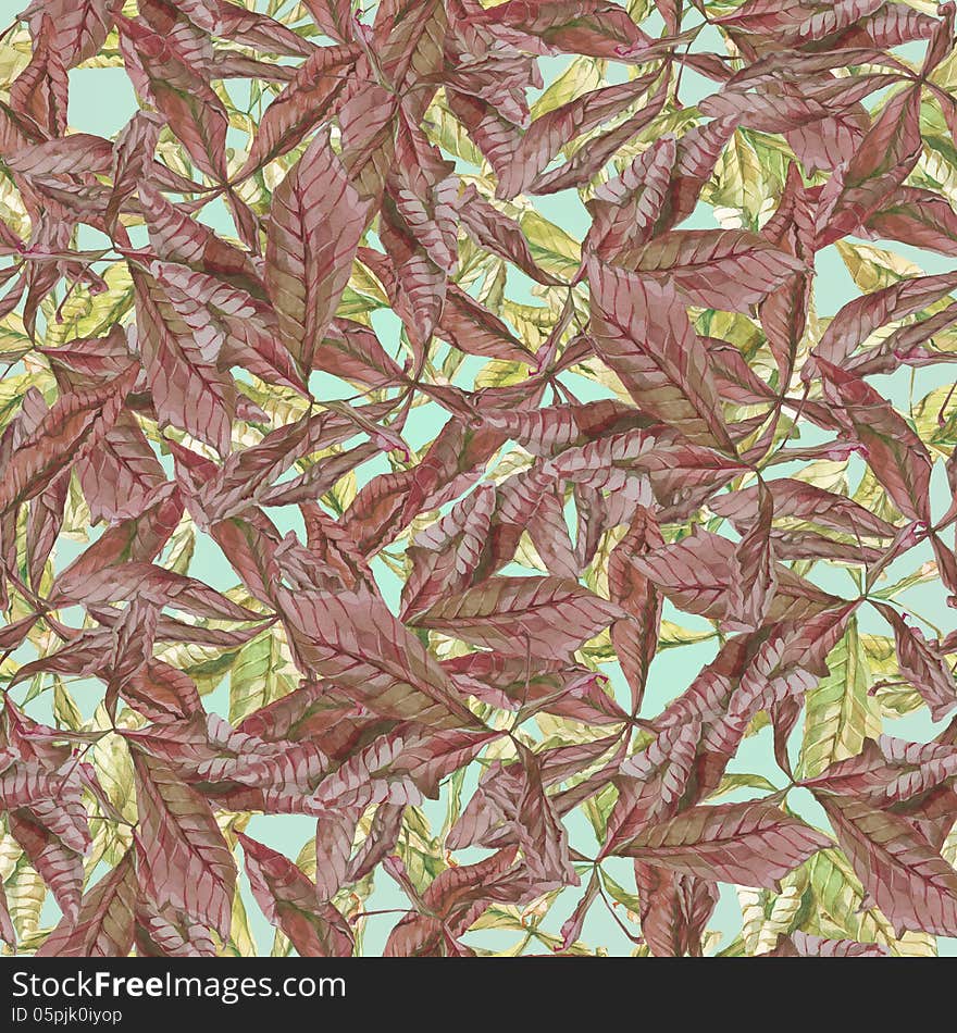 Watercolor Chestnut Brown And Green Leaves Seamles