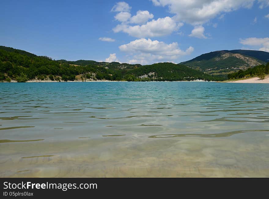 A view of Fiastra lake in the National Park of Sibillini mountains.