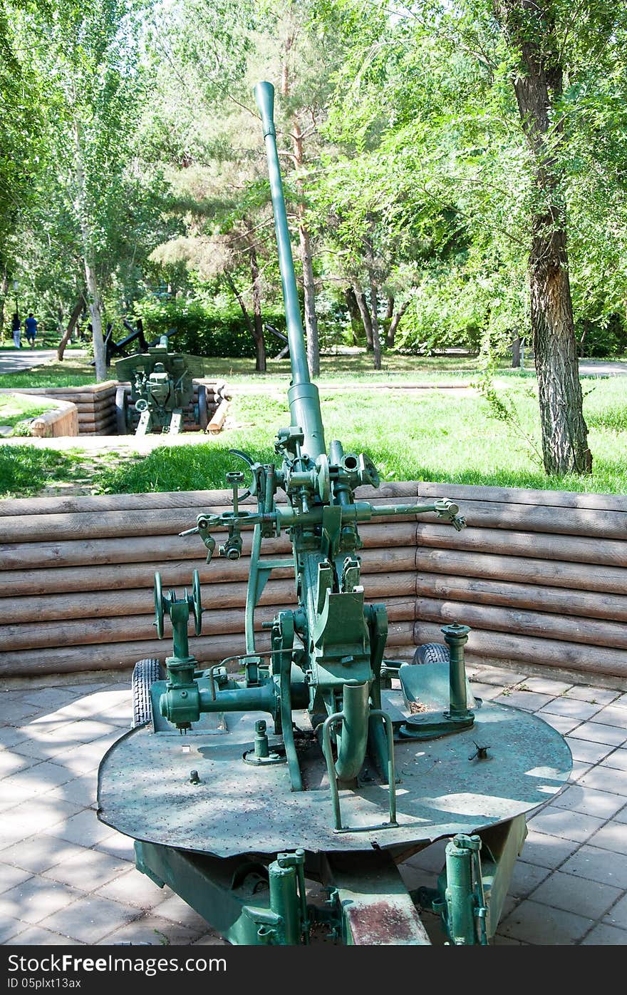 Automatic anti-aircraft gun model 1939 year.Under the open sky museum exhibit