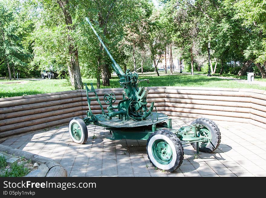 Automatic anti-aircraft gun model 1939 year.Under the open sky museum exhibit