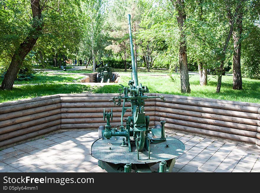 Automatic anti-aircraft gun model 1939 year.Under the open sky museum exhibit