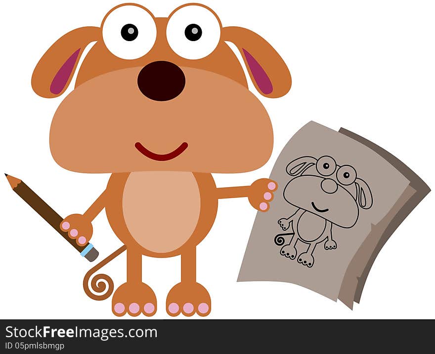 Illustration of a cute dog doing a drawing of himself. Illustration of a cute dog doing a drawing of himself