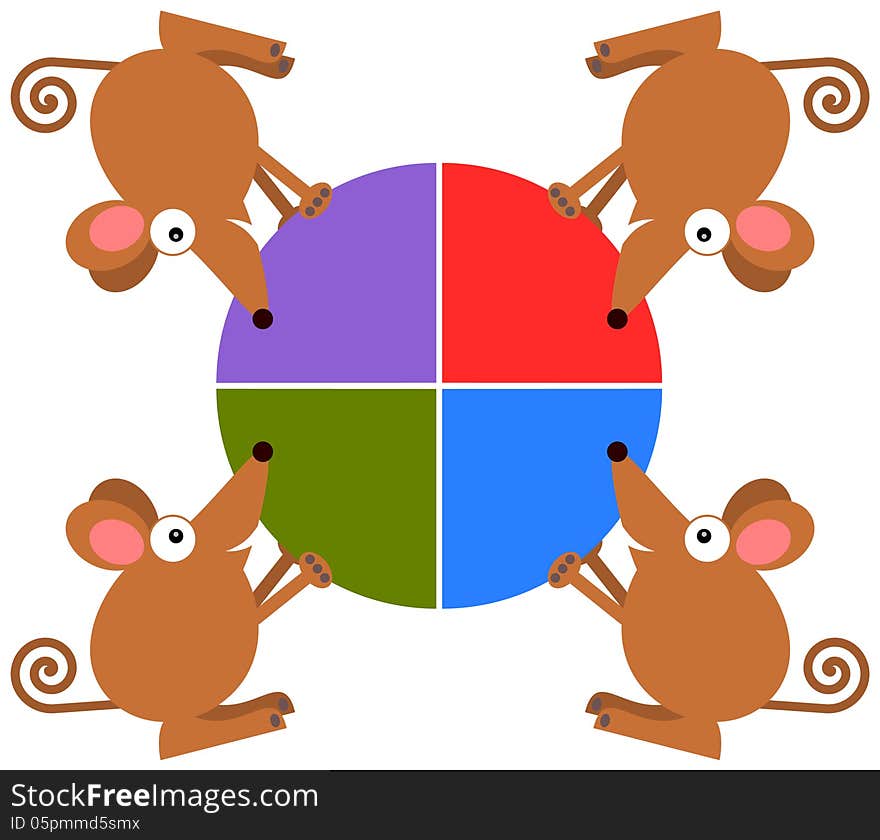 A conceptual pie graph with four rats each holding a piece from it. A conceptual pie graph with four rats each holding a piece from it