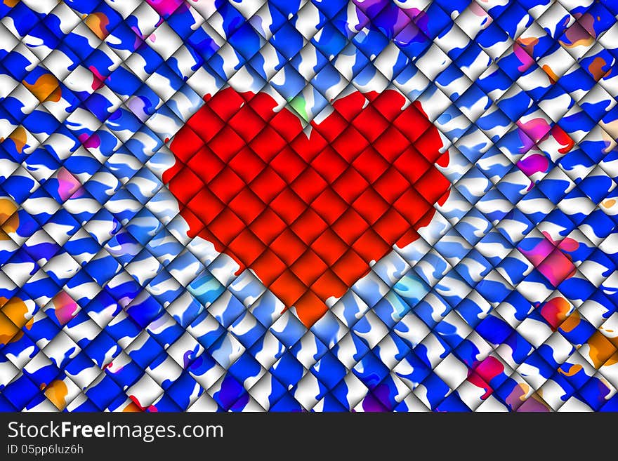 Computer graphic design of red heart shape and multicolor embed on weave textiles. Computer graphic design of red heart shape and multicolor embed on weave textiles