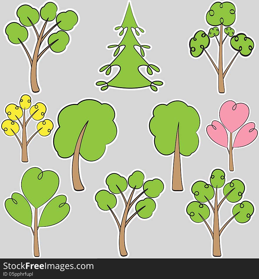 Set of stylized trees, scribble, stickers