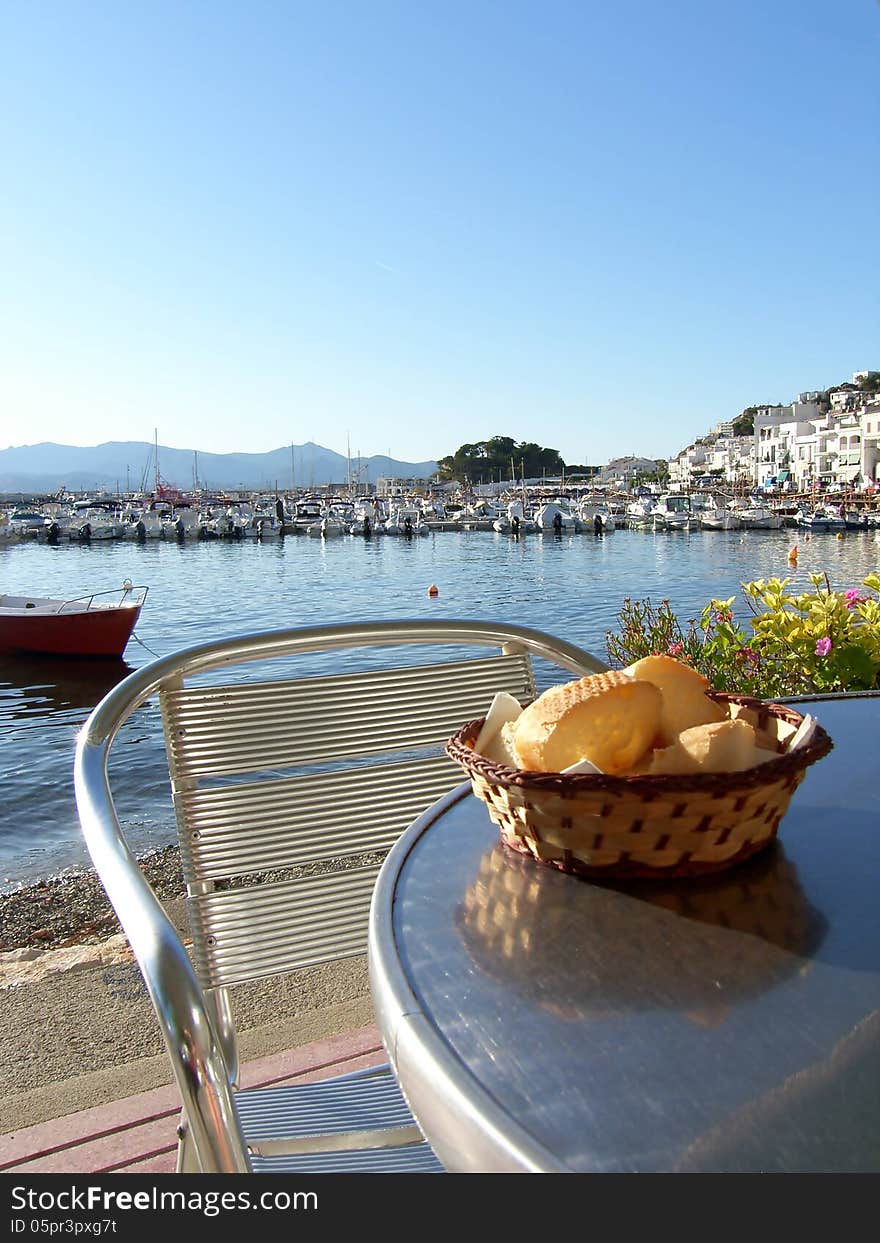 Travel and holiday in Spain. Restaurant overlooking the sea.