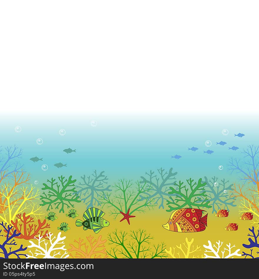 Underwater world with corals and floating colored fishes. Background with place for text. Vector illustration