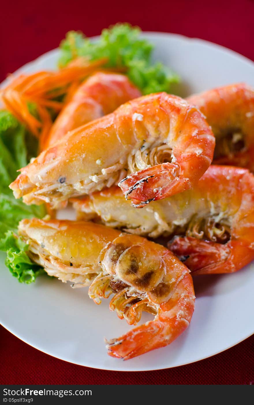 Baked prawns with salty taste in southern Thailand.