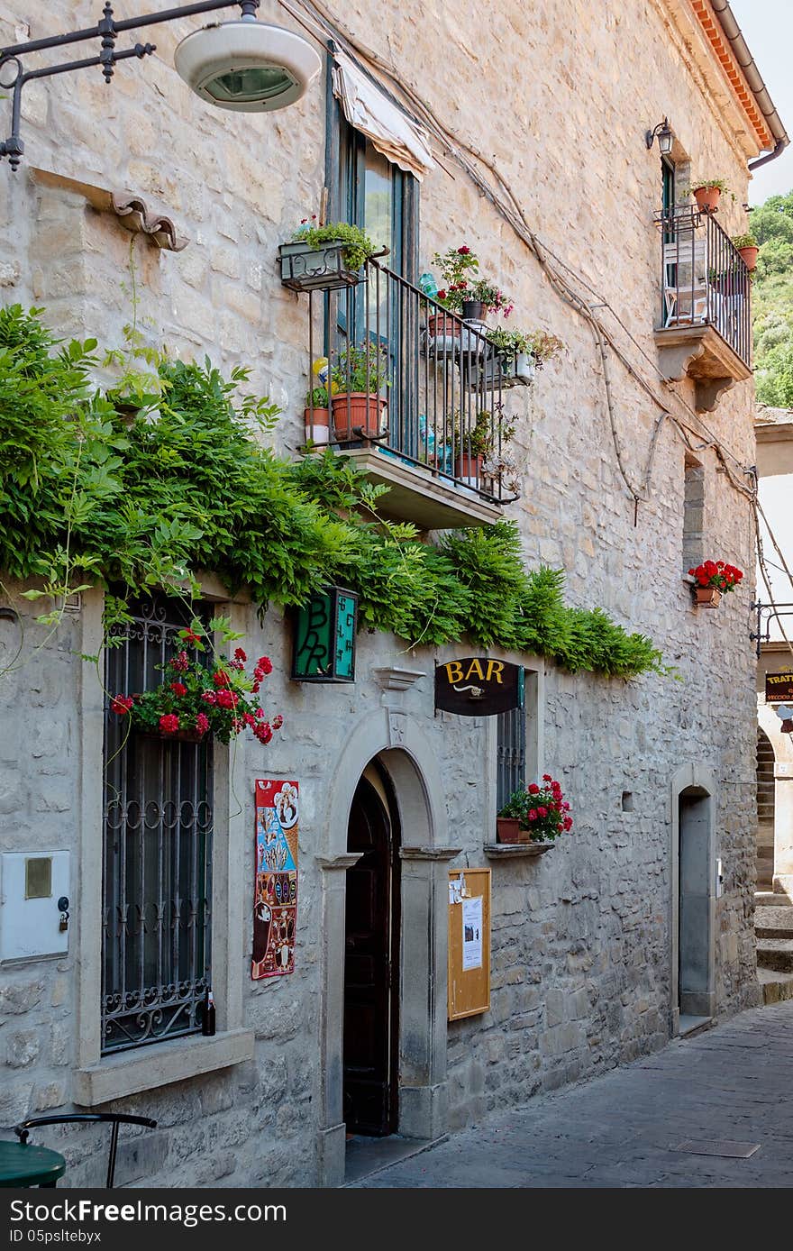 A quiet street in the mountain town of Castelmezzano located near Potenza Italy. A quiet street in the mountain town of Castelmezzano located near Potenza Italy