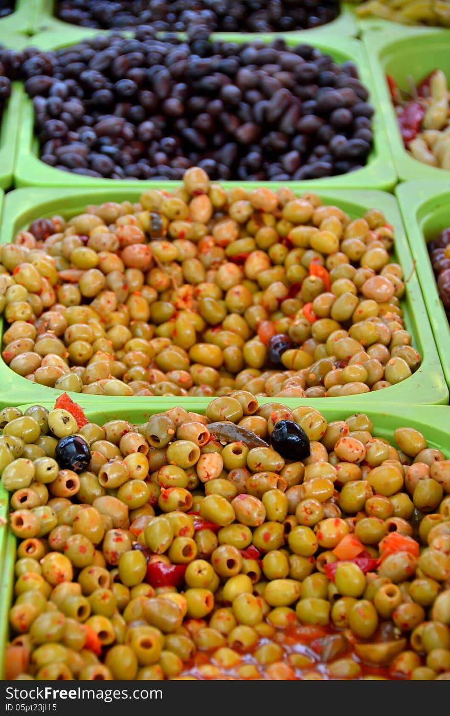 Black and green olives at the market in Antwerp.