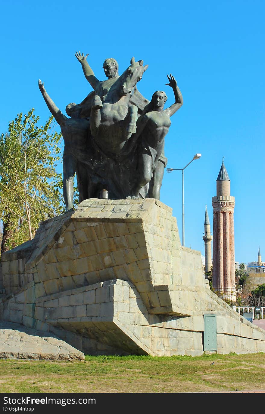 Historical Ataturk sculpture at Republic square in Antalya, Turkey