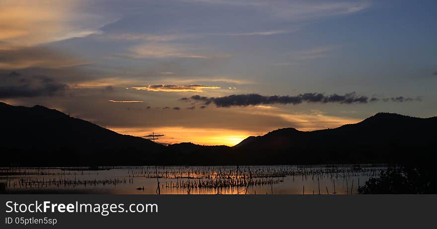 Sunset on the Lap An pond, Lang co town, Hue, Vietnam. Sunset on the Lap An pond, Lang co town, Hue, Vietnam