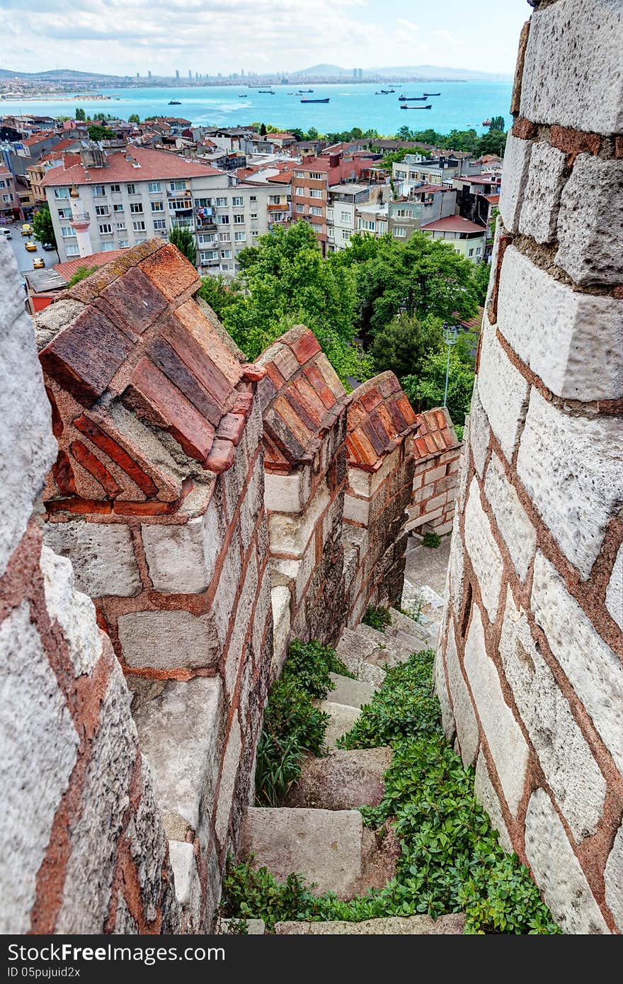 Stone staircase leading to the top of the tower of the Yedikule Fortress in Istanbul, Turkey. Yedikule fortress, or Castle of Seven Towers, is the famous fortress built by Sultan Mehmed II in 1458.