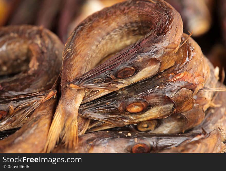 Smoked fish on sale on a farmers market in Brixton