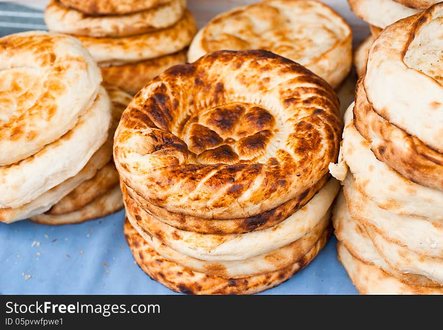 Traditional asian bread for sale at bakery in market place