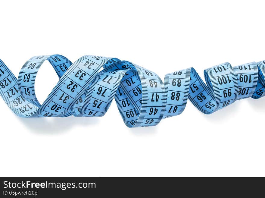 Blue measuring tape isolated over white. Blue measuring tape isolated over white