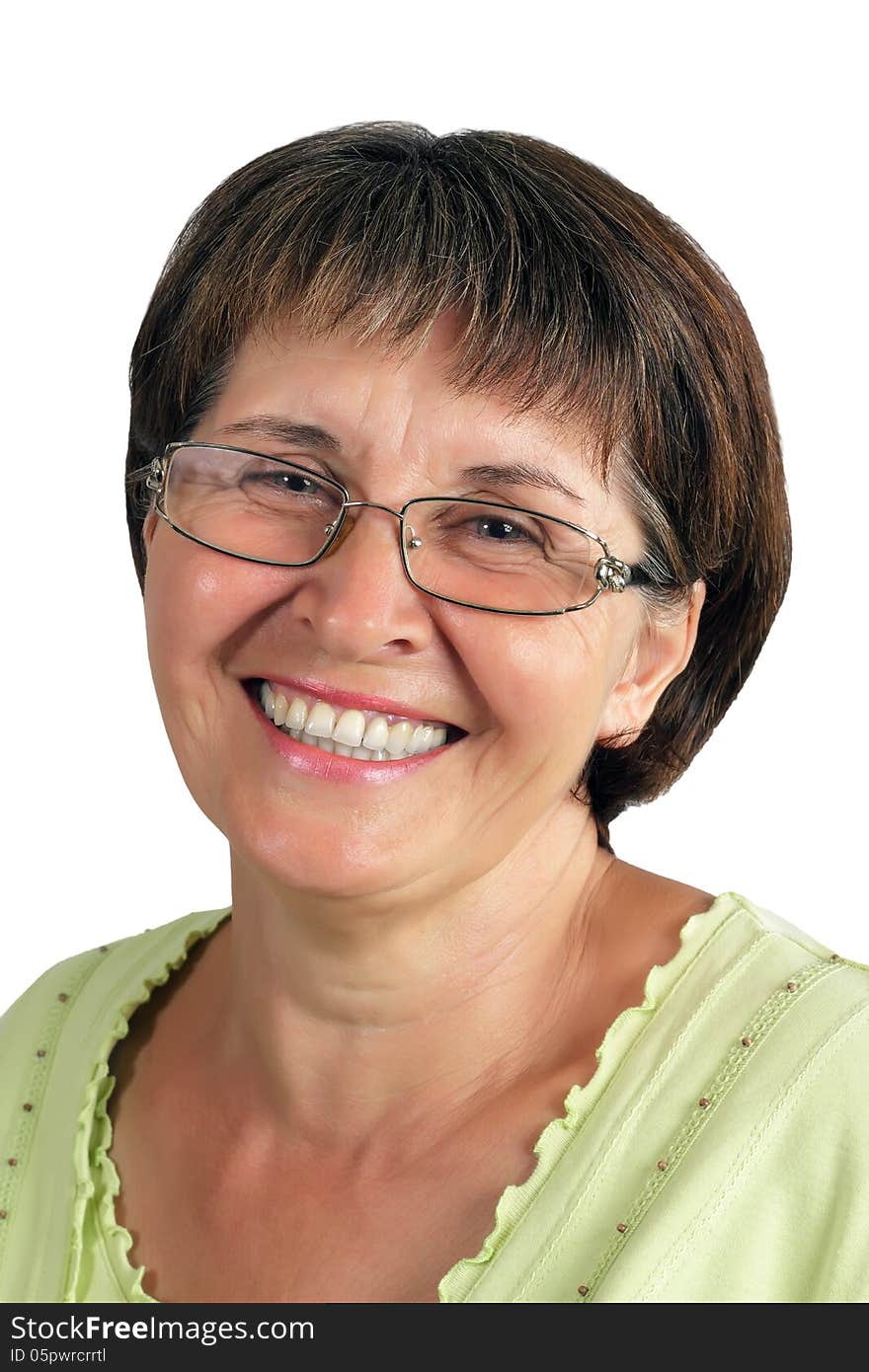 A smiling woman at the age of a white background