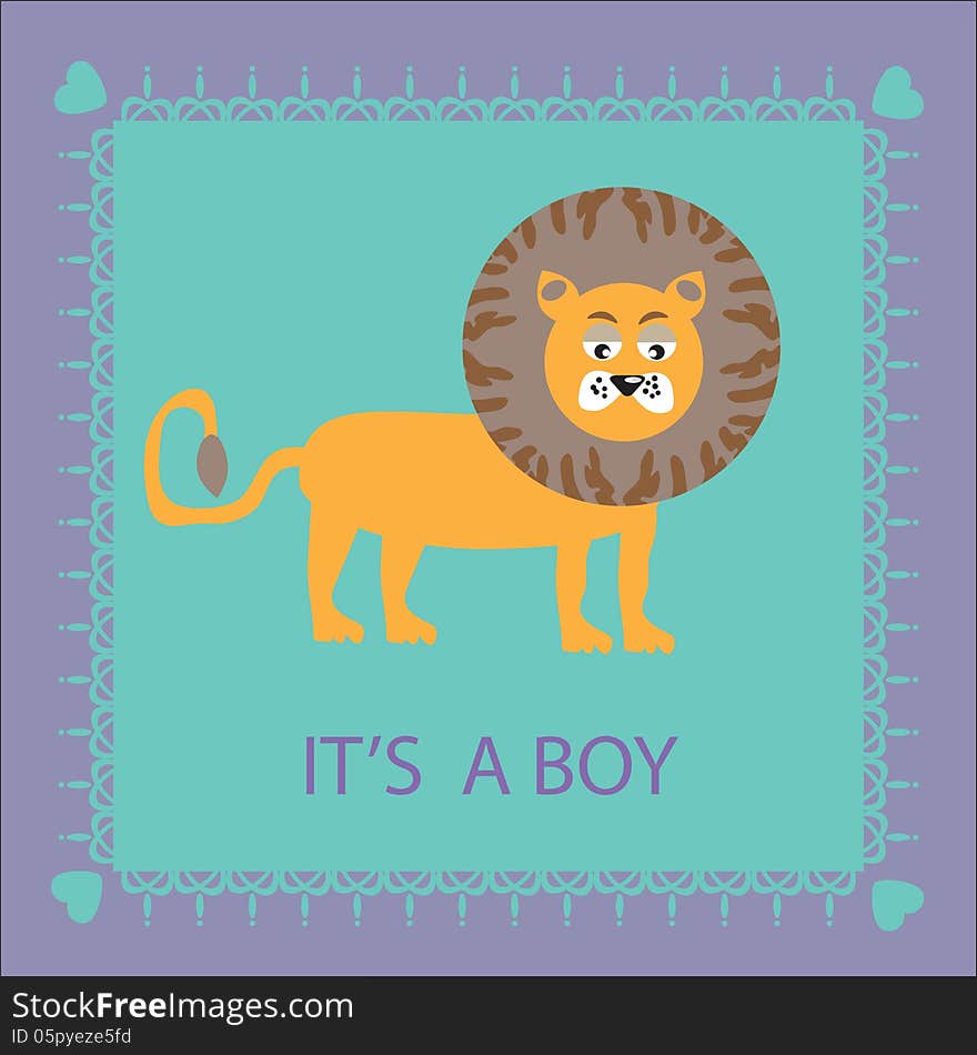 Beautiful birthday card with a cute cartoon lion