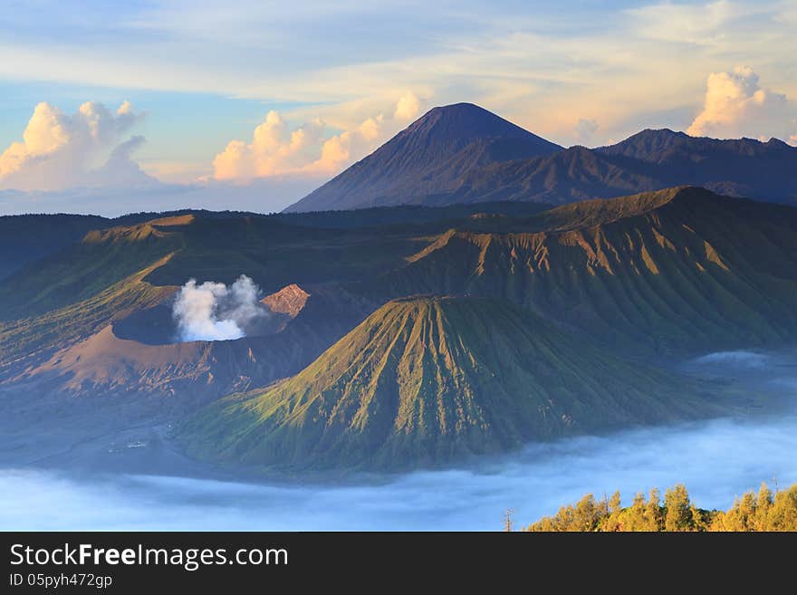 Bromo Mountain in Tengger Semeru National Park at sunrise