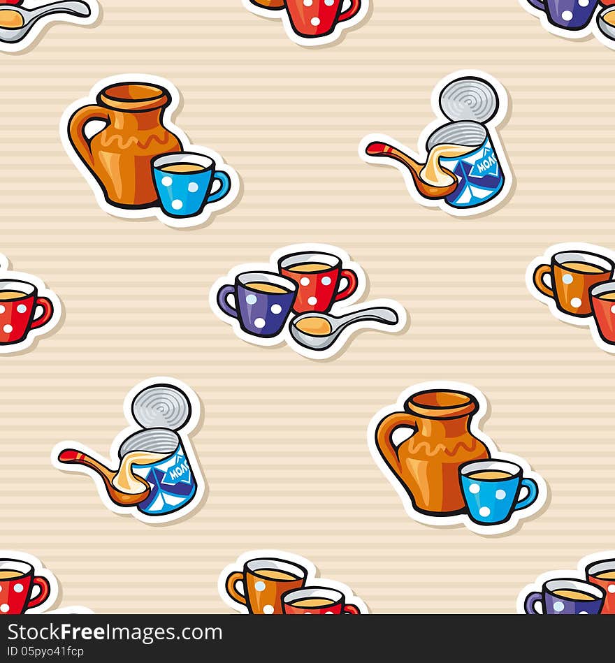 Seamless texture. Mugs, cups, jugs, milk and condensed milk. Seamless texture. Mugs, cups, jugs, milk and condensed milk