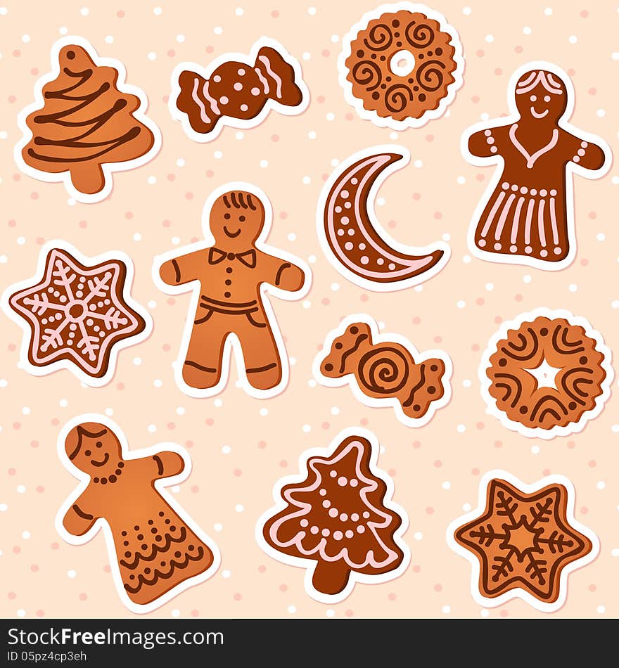 Set of Christmas gingerbread - Christmas tree, snowflake, gingerbread man,. Set of Christmas gingerbread - Christmas tree, snowflake, gingerbread man,