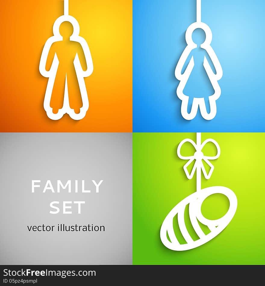 Set of applique family icons. Vector illustration for your human home design. Man, woman and baby sign cutouts from white paper. on colorful background. Bright, happy social poster.