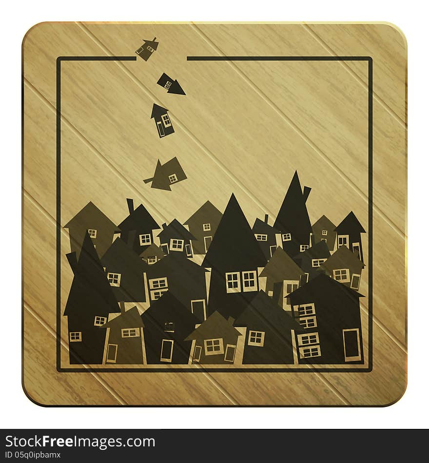 New conceptual wooden background with village and falling houses. New conceptual wooden background with village and falling houses