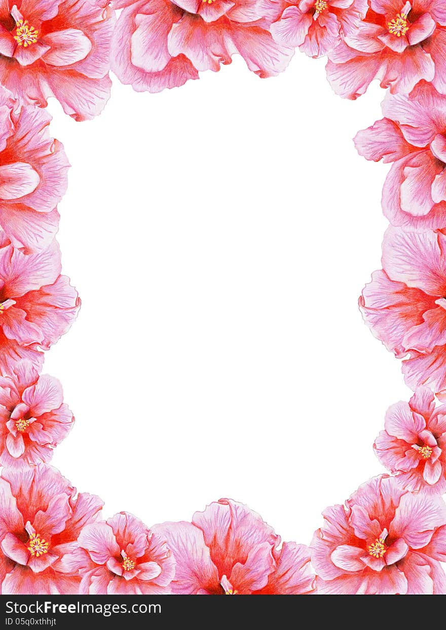 Gentle floral frame with pink hibiscus. Gentle floral frame with pink hibiscus