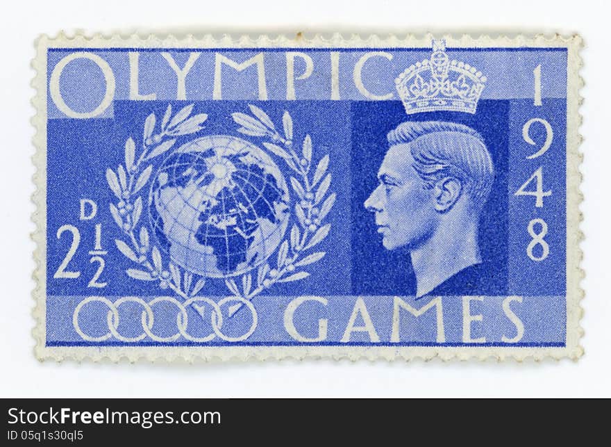 Historic vintage postage stamp celebrating the 1948 Olymnpic games that took place in London after the war. Historic vintage postage stamp celebrating the 1948 Olymnpic games that took place in London after the war.