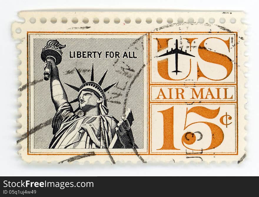 Statue of Liberty on this vintage example of stamp with postmark. Statue of Liberty on this vintage example of stamp with postmark