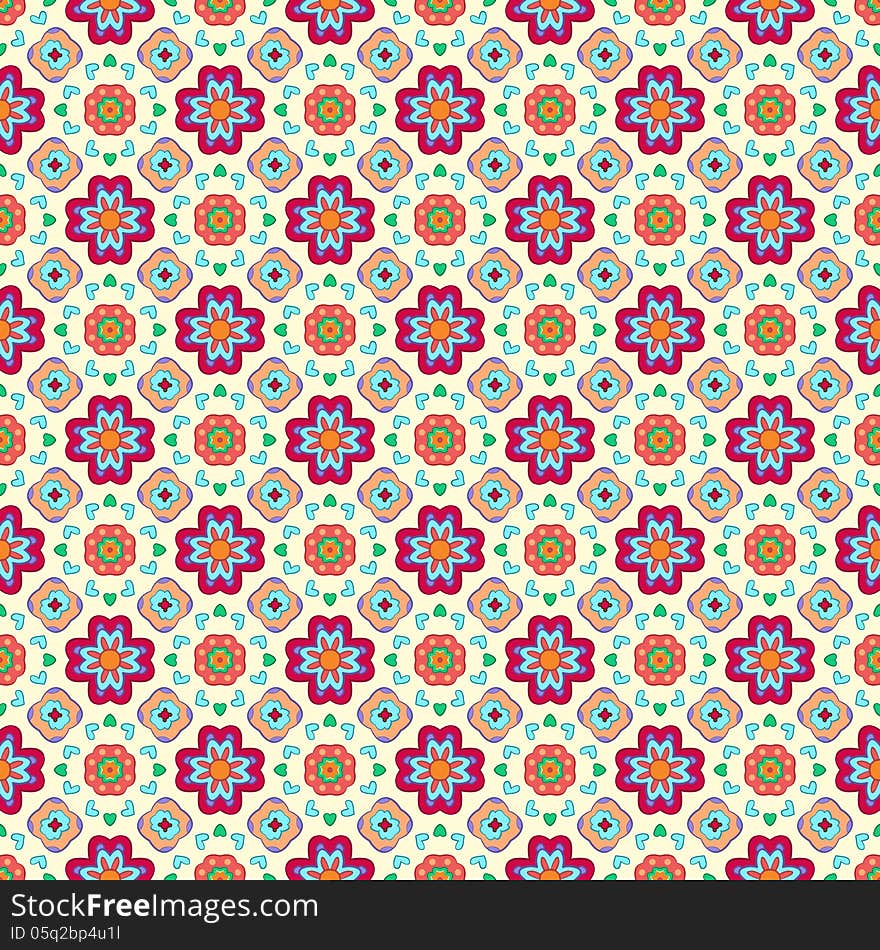 Geometric flower abstract colorful pattern on light background. Vector illustration for your fashion design. Easy to use. Seamless endless funny spring pattern. With pink, blue, green color.