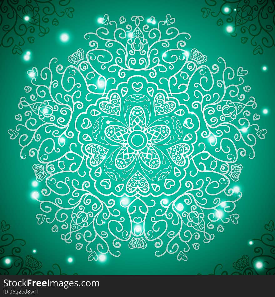 Retro antique ornament background with lights. Vector illustration for your majestic fashion design. Element for web design. Flower round lace holiday wallpaper.