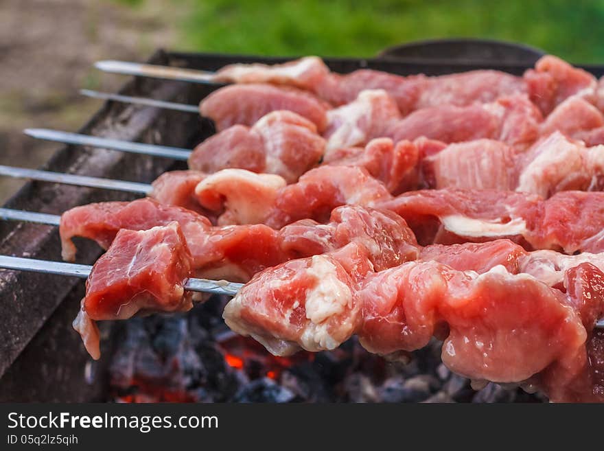 Shish kebab in process of cooking on open fire outdoors