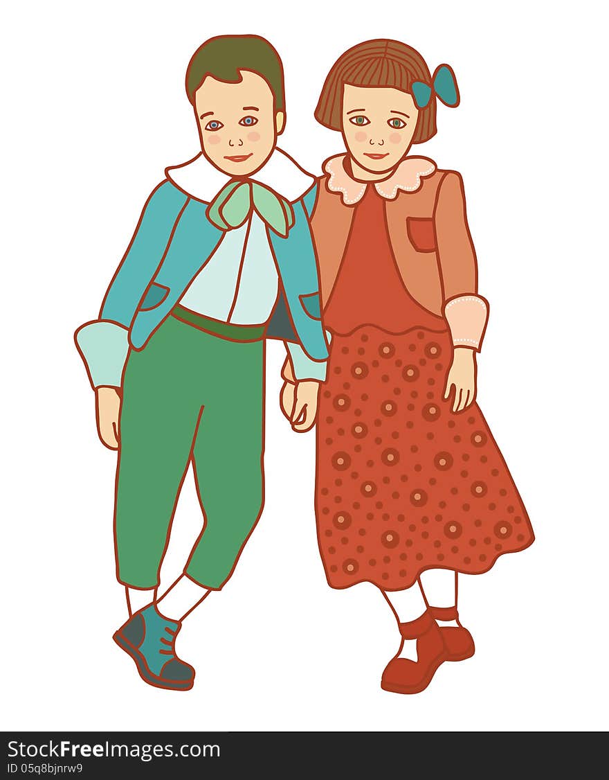 Hand drawn illustration of boy and girl in green and orange retro costume