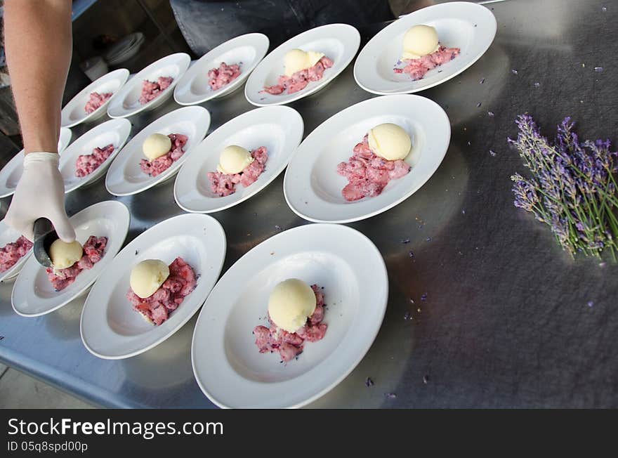 Gourmet Dessert With Lavender Flowers