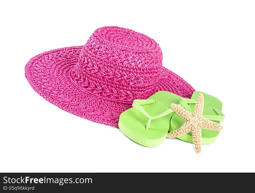 Pink Straw Hat and Lime Green Flip Flops Isolated on White 2