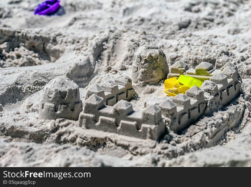 Sand castle structures built at seashore