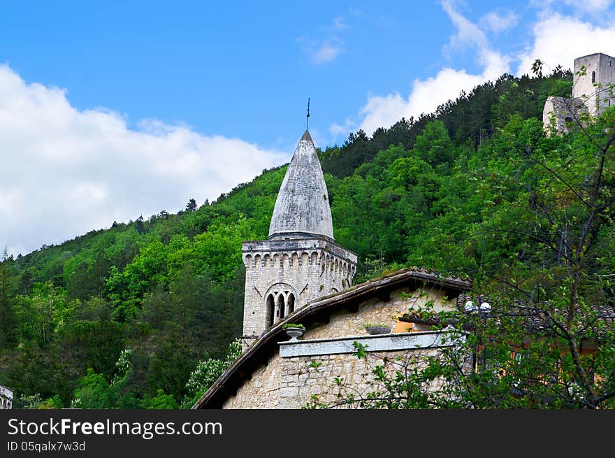 Beautiful view of ancient towers castles in Italy in the high mountains 1,500 meters above sea level. Beautiful view of ancient towers castles in Italy in the high mountains 1,500 meters above sea level