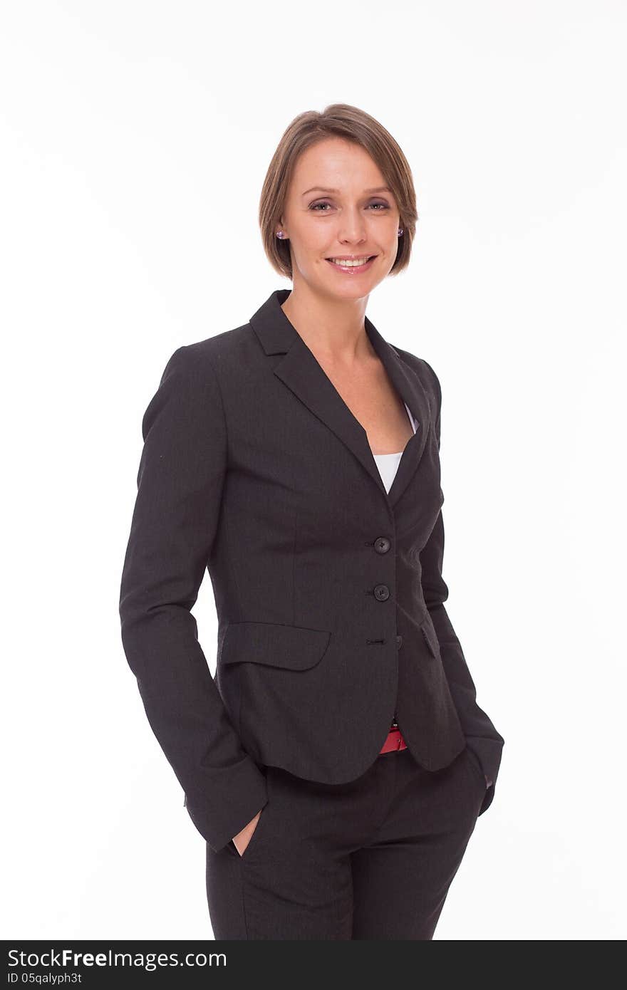 Business woman in suit on white