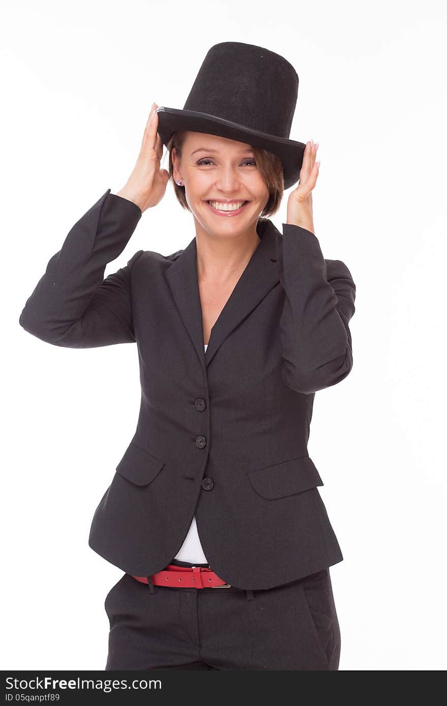 Business woman in suit play with bowler