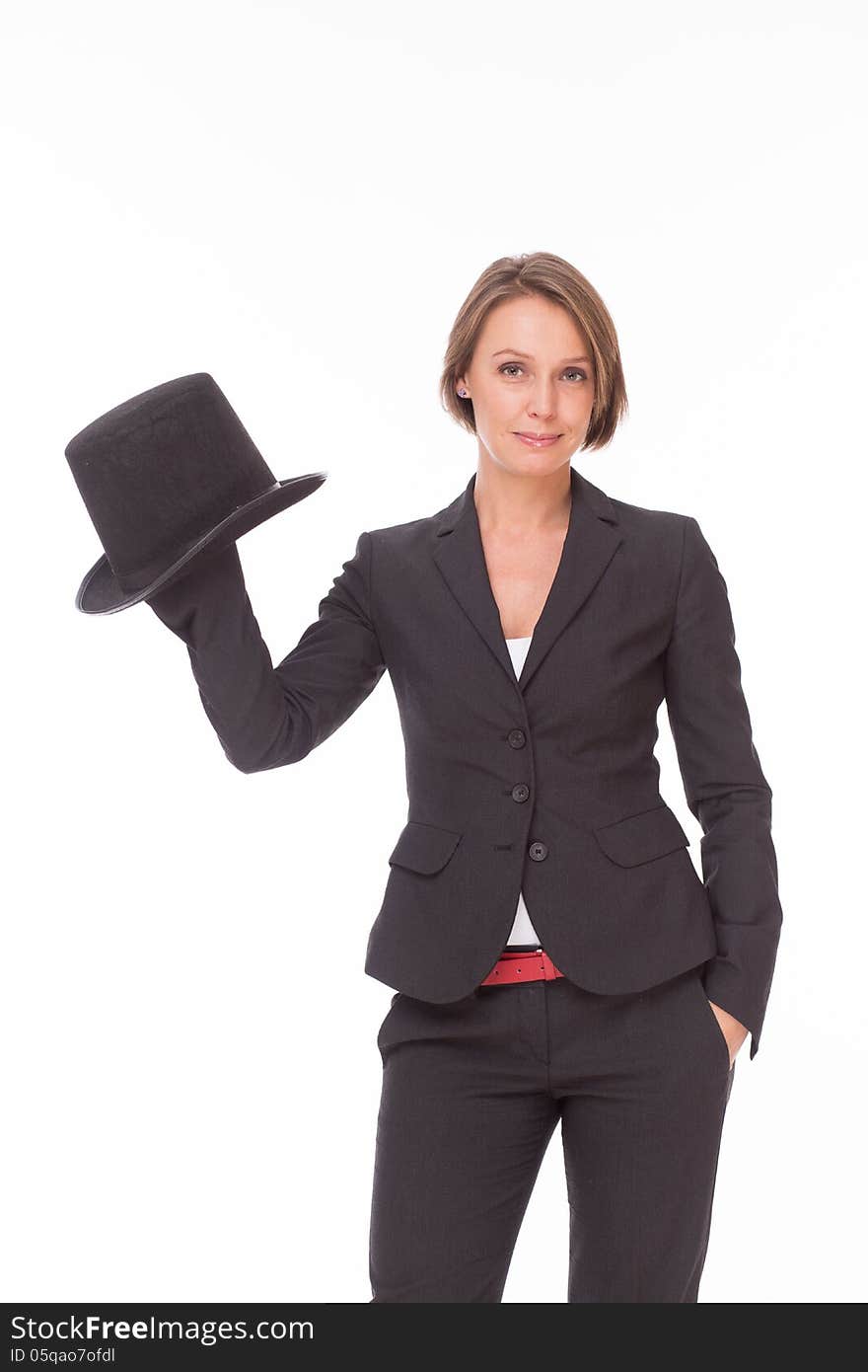 Business woman in suit play with bowler